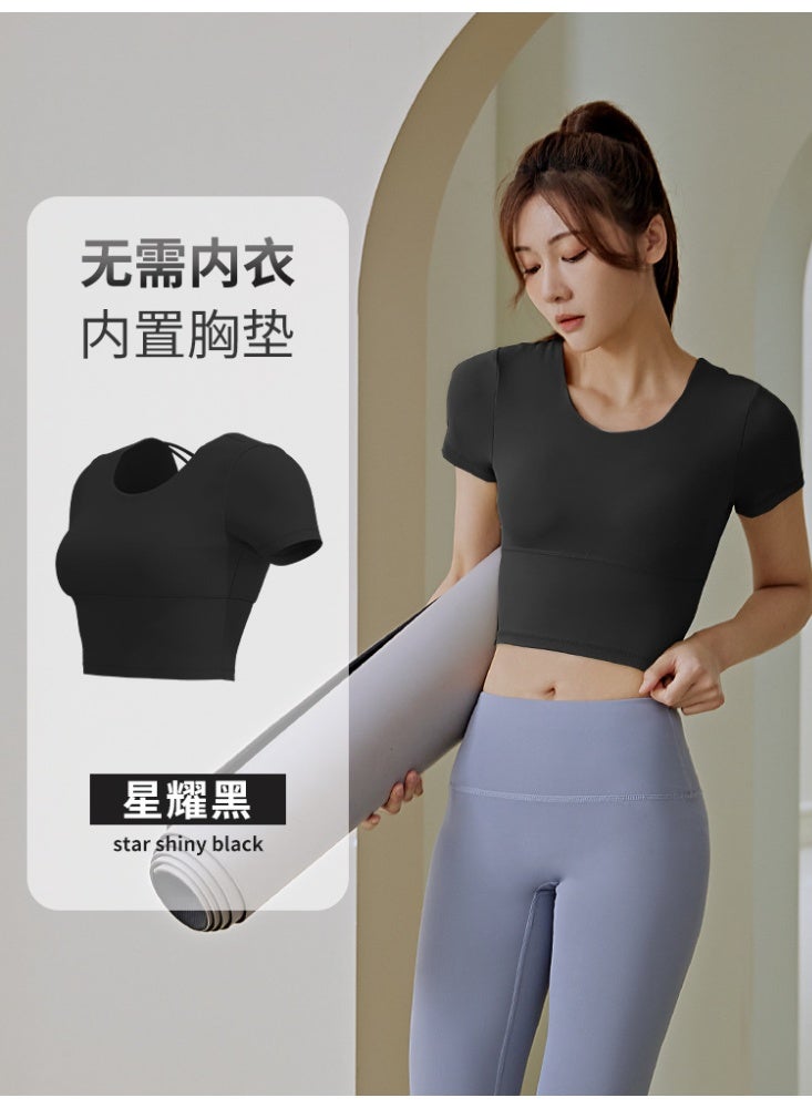 Women Cross Back Sports Shirts Round Neck Short Sleeve Yoga Crop Tops Fitness Gym Workout Sportswear Backless Slim Fit Tops  - Image 1