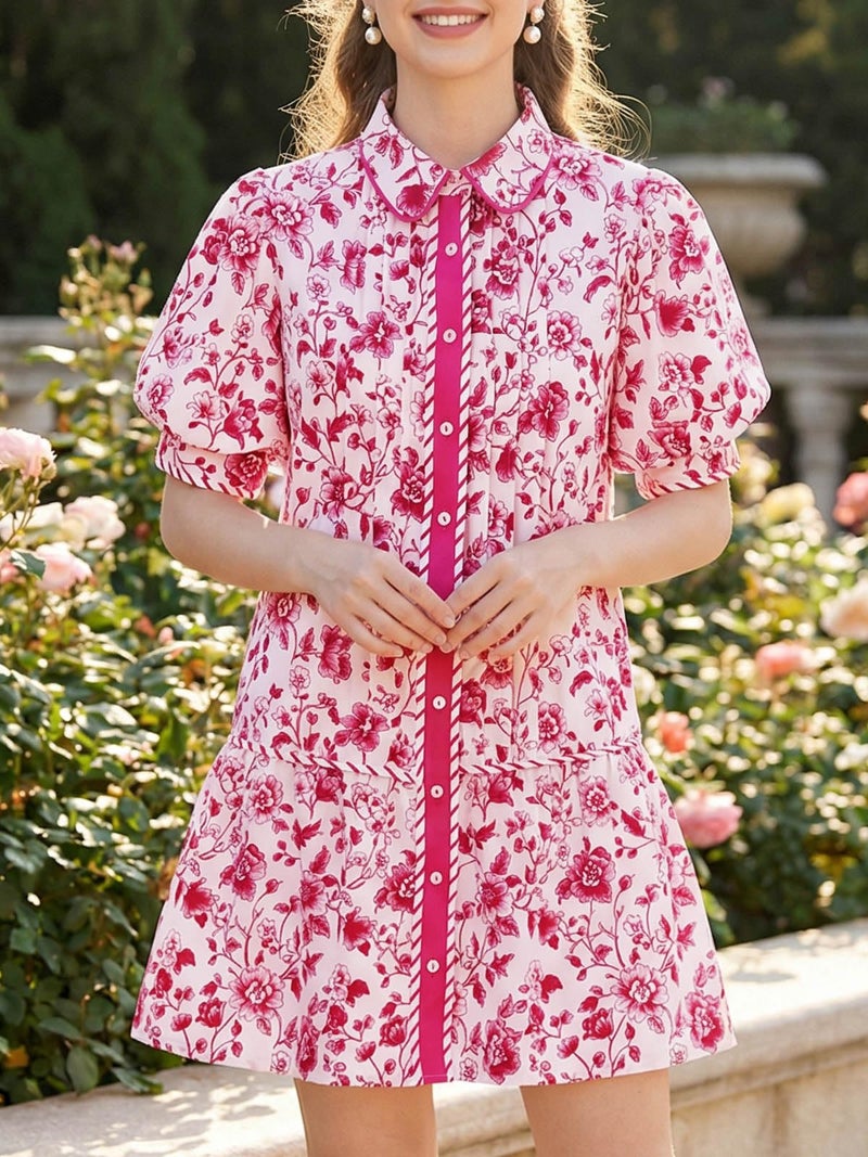 Wenrine Womens Mini Dress Summer Casual Short Puff Sleeve Floral Collared V Neck Loose Button Down Shirt Dress with Pockets - Image 2