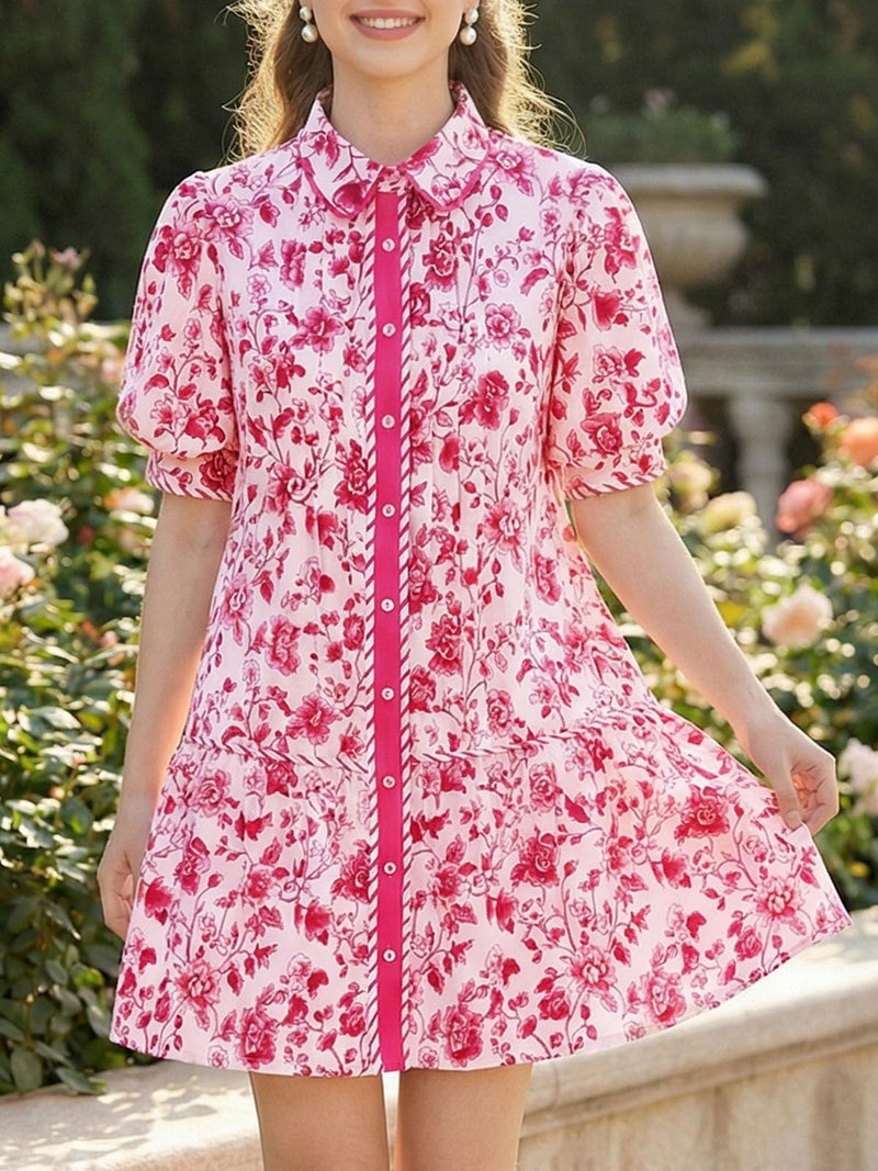 Wenrine Womens Mini Dress Summer Casual Short Puff Sleeve Floral Collared V Neck Loose Button Down Shirt Dress with Pockets - Image 4