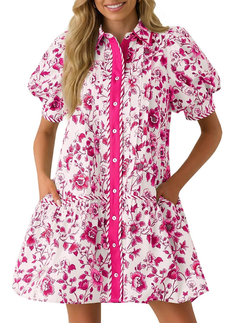 Wenrine Womens Mini Dress Summer Casual Short Puff Sleeve Floral Collared V Neck Loose Button Down Shirt Dress with Pockets - Image 1