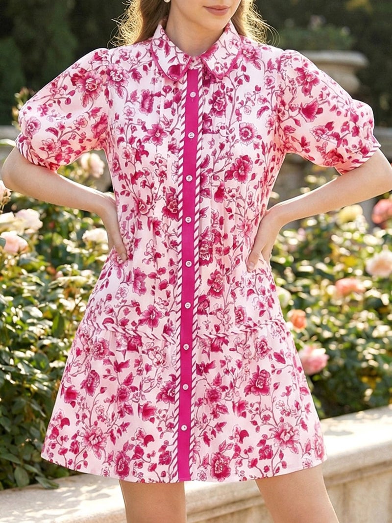 Wenrine Womens Mini Dress Summer Casual Short Puff Sleeve Floral Collared V Neck Loose Button Down Shirt Dress with Pockets - Image 3