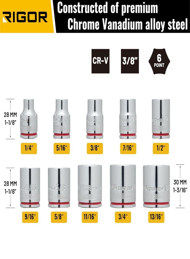 ريجور مجموعة مقابس قياسية غير قابلة للانزلاق من RIGOR 27038 Max-Grip، مكونة من 10 قطع | مقابس مضادة للانزلاق من الكروم والفاناديوم | محرك 3/8 بوصة، 6 نقاط، SAE | تتضمن سكة مقبس بلاستيكية متينة. - Image 2