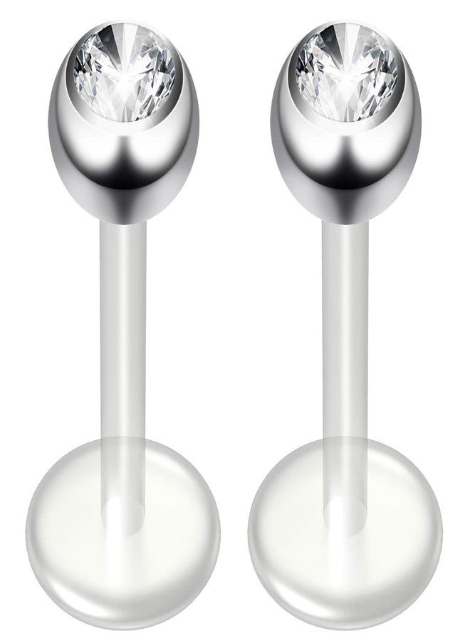 Bling Piercing 2pc 16g Cubic Zirconia CZ Bioplast Labret Flexible Lip Stud 8mm Clear BioFlex Hypoallergenic Jewelry - Image 1