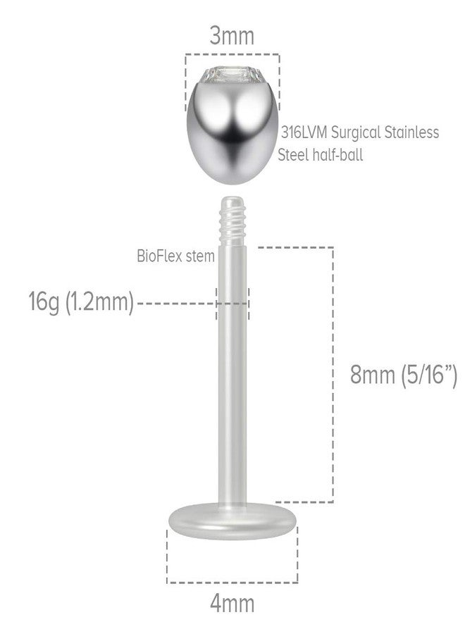 Bling Piercing 2pc 16g Cubic Zirconia CZ Bioplast Labret Flexible Lip Stud 8mm Clear BioFlex Hypoallergenic Jewelry - Image 2