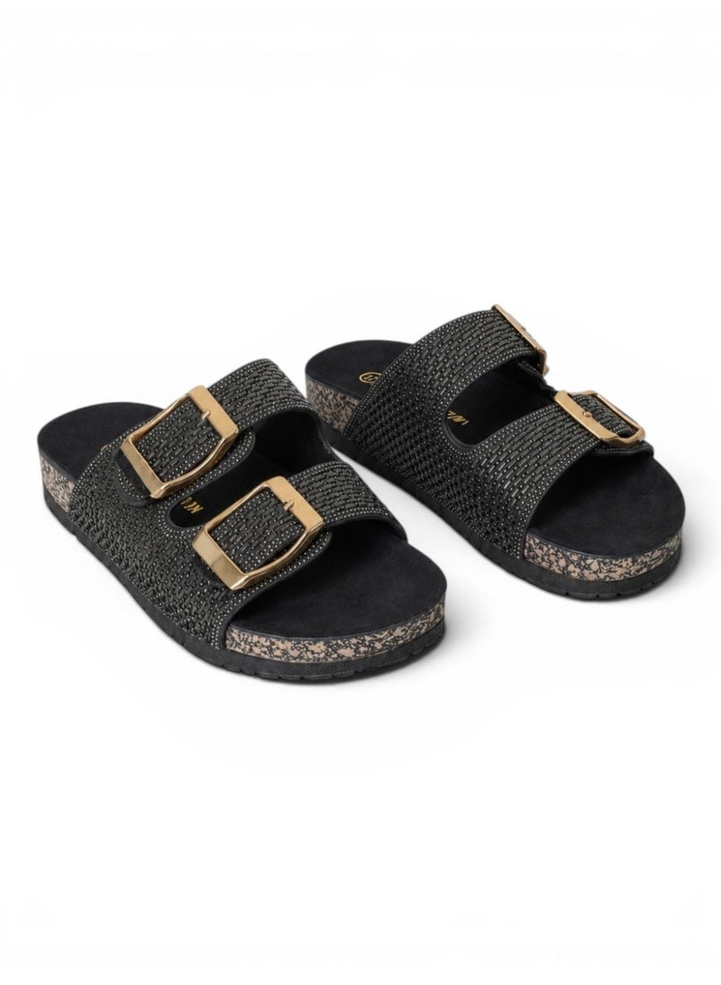 LIFESTYLISH slippers leather flat Double strap with buckles SL-237 - Black - Image 4