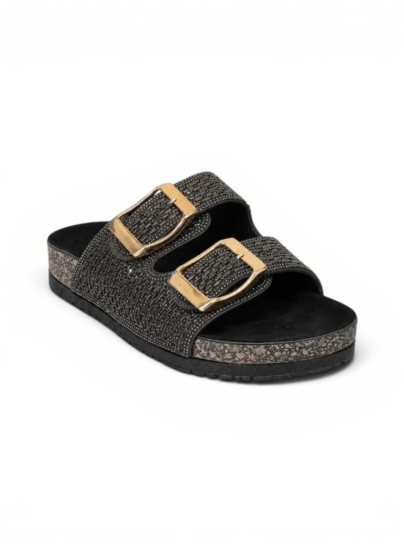 LIFESTYLISH slippers leather flat Double strap with buckles SL-237 - Black - Image 3