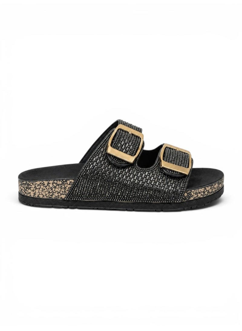 LIFESTYLISH slippers leather flat Double strap with buckles SL-237 - Black - Image 2