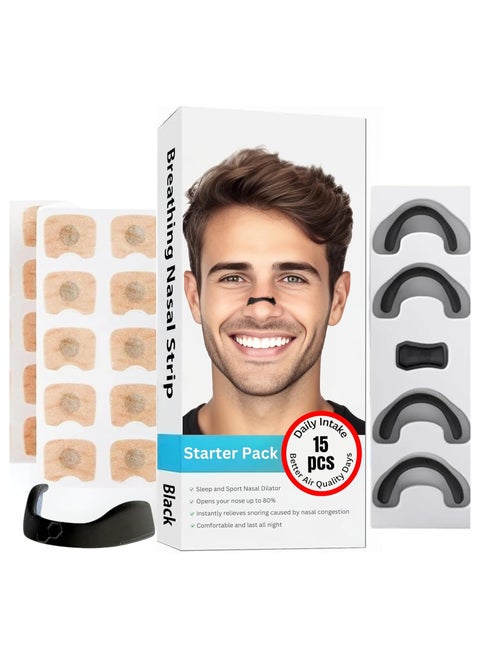 Nose Strips for Enhance Airflow (15 Pcs, Black) - Nose Magnet for Breathing, Relieve Snoring & Improve Sleep - Advanced Nasal Support for Better Breathing, Comfortable, Skin-Friendly & Sweat-Resistant
