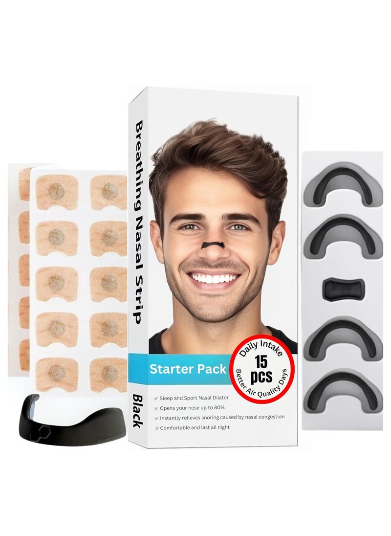 Generic - Nose Strips for Enhance Airflow (15 Pcs, Black) - Nose Magnet for Breathing, Relieve Snoring & Improve Sleep - Advanced Nasal Support for Better Breathing, Comfortable, Skin-Friendly & Sweat-Resistant - Image 1