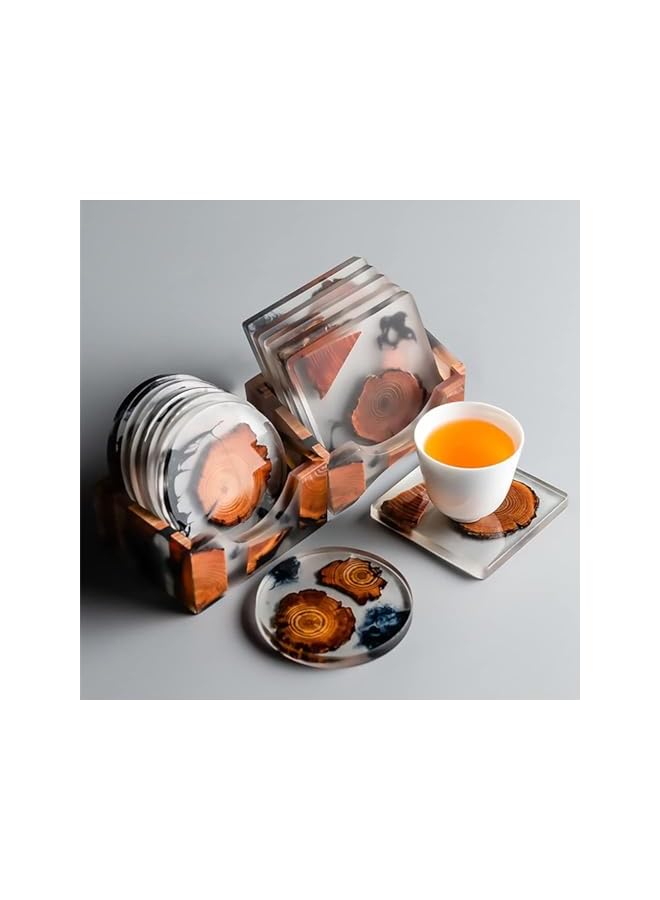 The Bros Decorative Resin Wood Coasters with Holder, 6 Round Set, 7.9 cm Diameter, Black and Orange - Image 4