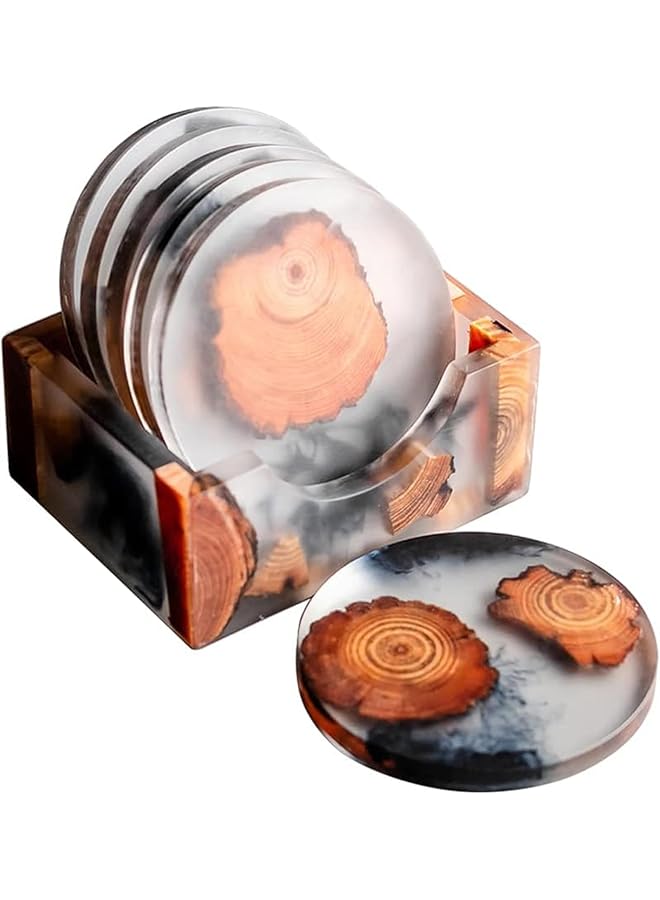 The Bros Decorative Resin Wood Coasters with Holder, 6 Round Set, 7.9 cm Diameter, Black and Orange - Image 1