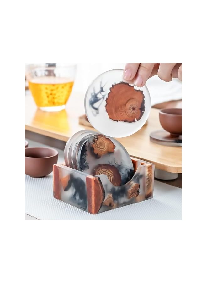 The Bros Decorative Resin Wood Coasters with Holder, 6 Round Set, 7.9 cm Diameter, Black and Orange - Image 3