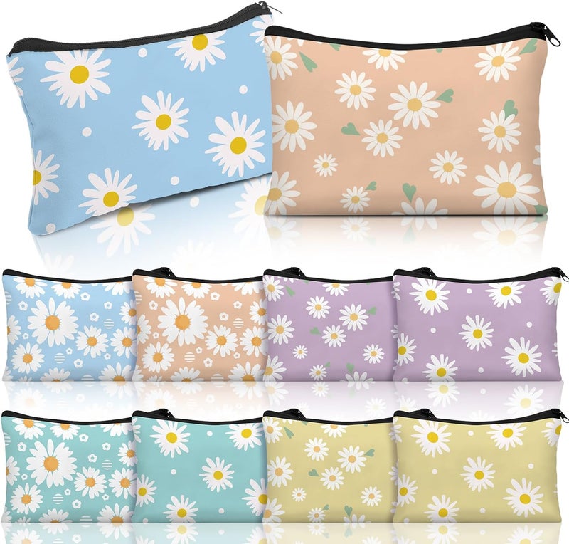 Kacctyen 10 Pcs Daisy Canvas Zipper Pouch Makeup Bags Bulk Theme Floral Cosmetic Bag Colorful Portable Mini Pouch for Women Teacher Mom Gift Graduation Travel Spring Toiletry Storage Organizer