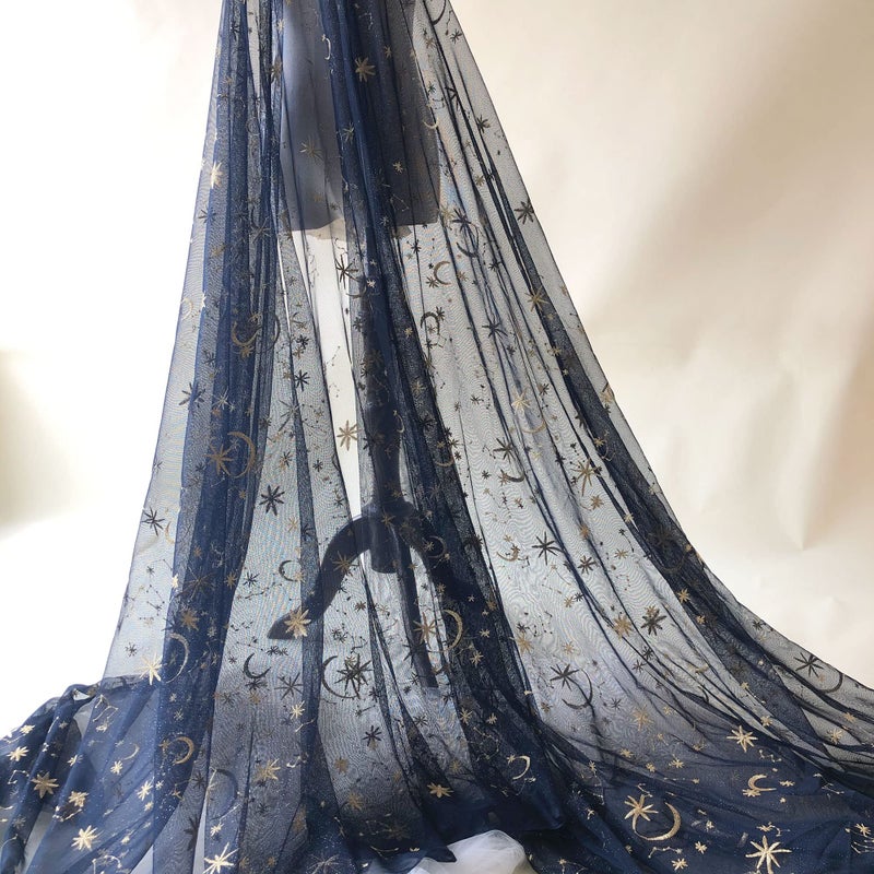 gelvs Golden Star Lace Fabric by The Yard Embroidery Stars Moon Navy Lace Tulle Fabric for Celestial Costume Home Decoration - Image 1