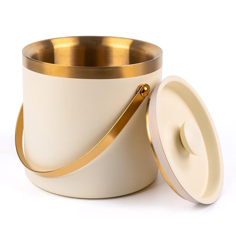 DRAMNYO 3L beige white Double Wall Insulated Stainless Steel Ice Bucket with scoop for Cocktail Bar,Metal Ice Bucket for freezer with Lid for parties.ice Container to Keep Ice Colder,bar cart accessories - Image 1