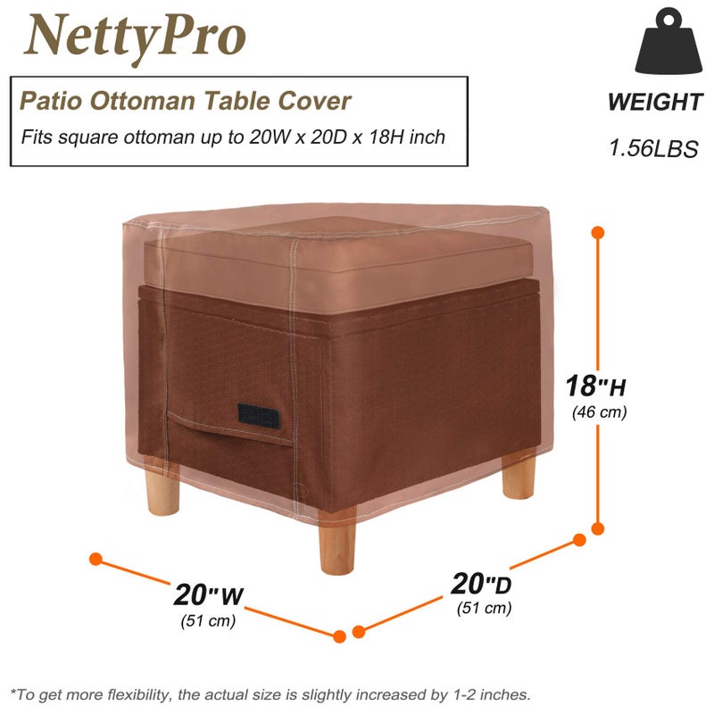 NettyPro Waterproof Ottoman Cover Square 20 x 20 Inch Outdoor Patio Furniture Ottoman Table Cover, Brown - Image 5