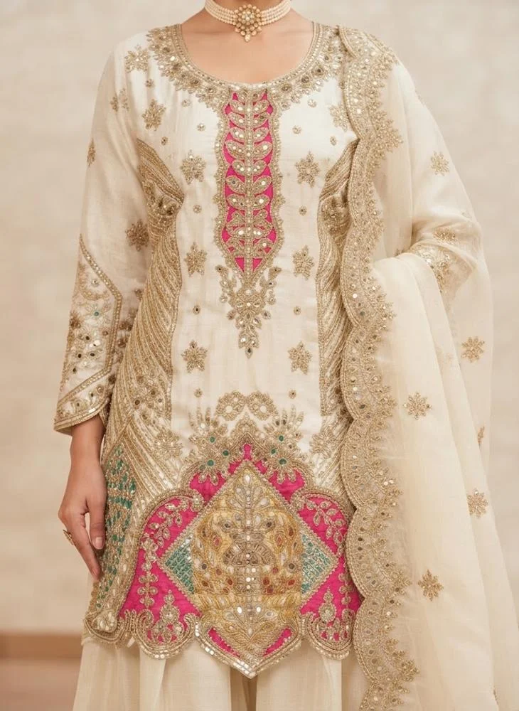 Viny VINY Off White 3-Piece Colour-Block Embroidered Sharara Suit Set – Women's Indian Ethnic Wear