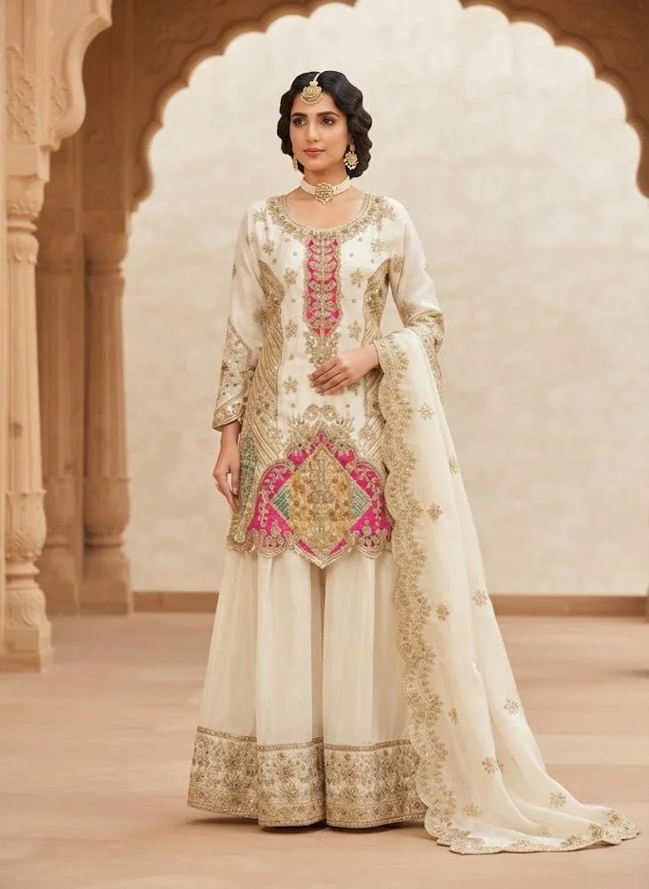 Viny VINY Off White 3-Piece Colour-Block Embroidered Sharara Suit Set – Women's Indian Ethnic Wear