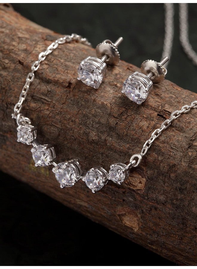 CLARA 925 Sterling Silver Rhodium Plated 5 Stone Pendant Earring Necklace Set with Chain Gift for Women and Girls - Image 2