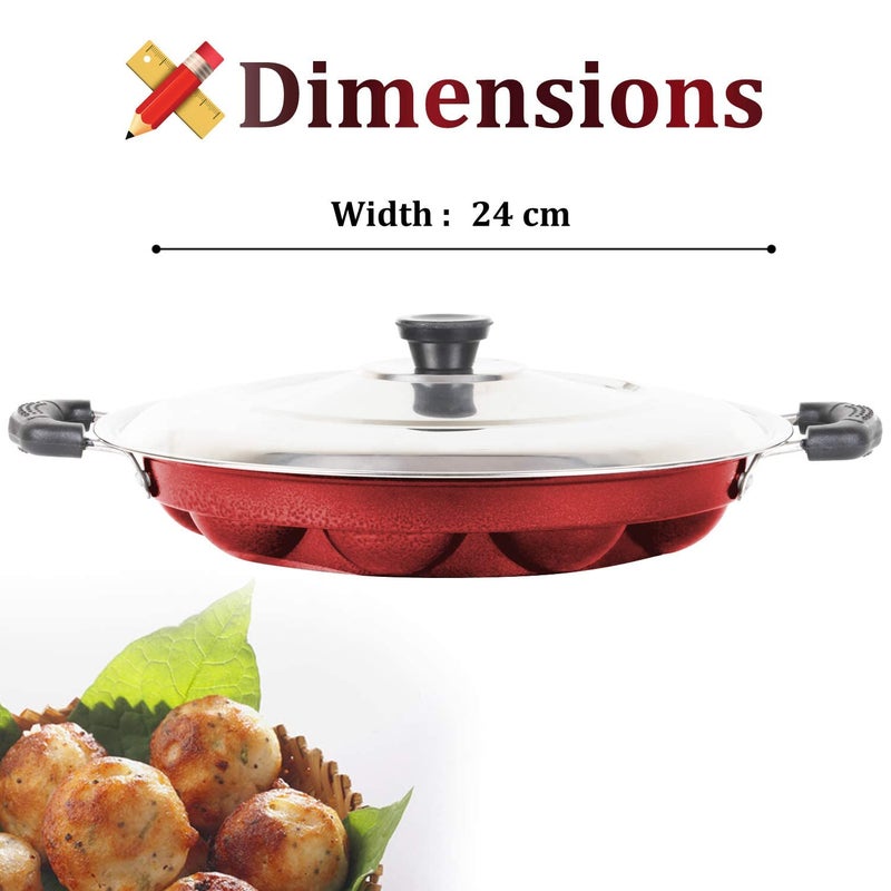 KD ZONE Aluminium Non Stick 12 Cavities Appam Patra with lid Oil Brush and Side Handle and Red - Image 4