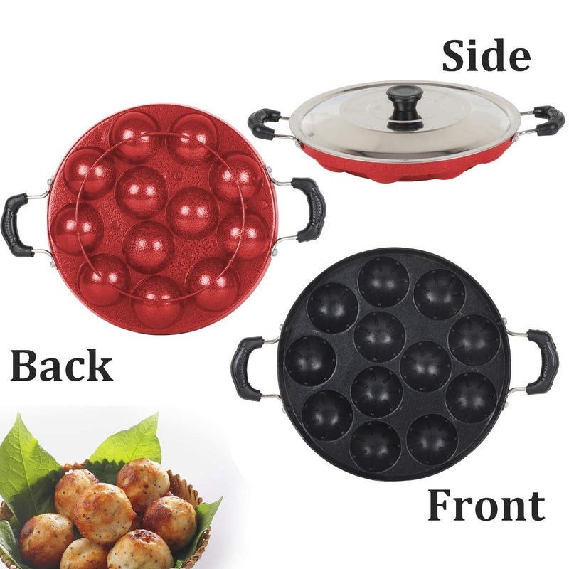 KD ZONE Aluminium Non Stick 12 Cavities Appam Patra with lid Oil Brush and Side Handle and Red - Image 2