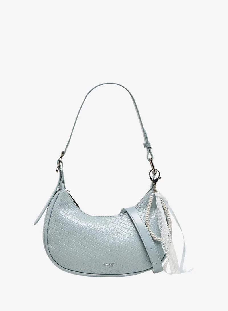 Textured Shoulder Bag with Pearl Ribbon Bag Charm