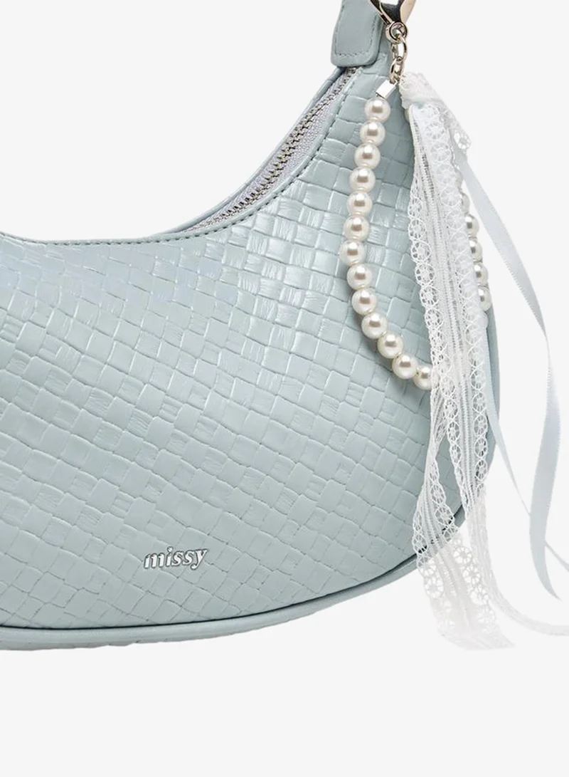 MISSY BLUE Textured Shoulder Bag with Pearl Ribbon Bag Charm for Women | Best Price UAE