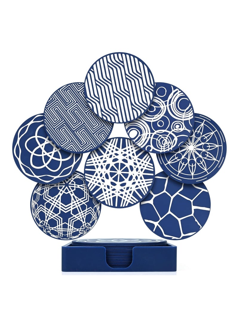 Drink Coasters Set of 8, Blue Round Silicone Rubber Cup Pad with Square Storage Box Non-slip Mug Mat Decorative Cup Coasters for Homes Bars Coffee & Most of Cups Beer Mug Wine Glass Bottle - 9.8cm - Image 1