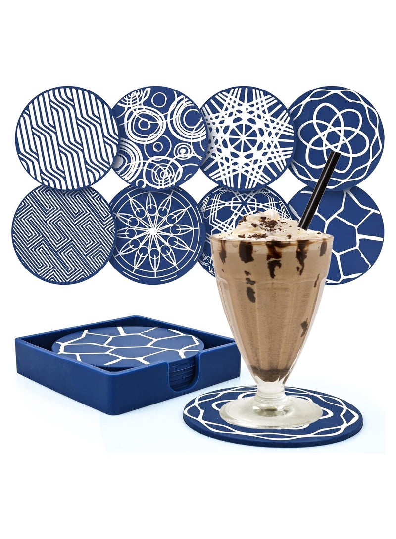 Drink Coasters Set of 8, Blue Round Silicone Rubber Cup Pad with Square Storage Box Non-slip Mug Mat Decorative Cup Coasters for Homes Bars Coffee & Most of Cups Beer Mug Wine Glass Bottle - 9.8cm - Image 2