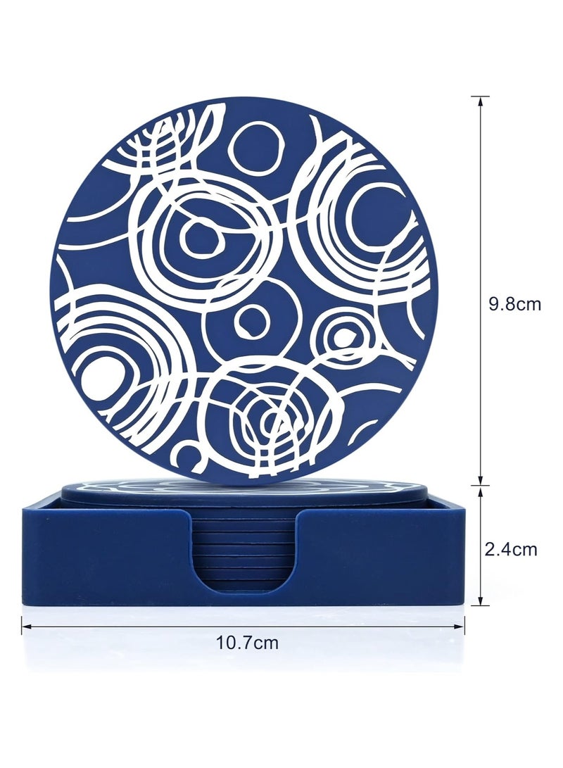 Drink Coasters Set of 8, Blue Round Silicone Rubber Cup Pad with Square Storage Box Non-slip Mug Mat Decorative Cup Coasters for Homes Bars Coffee & Most of Cups Beer Mug Wine Glass Bottle - 9.8cm - Image 3