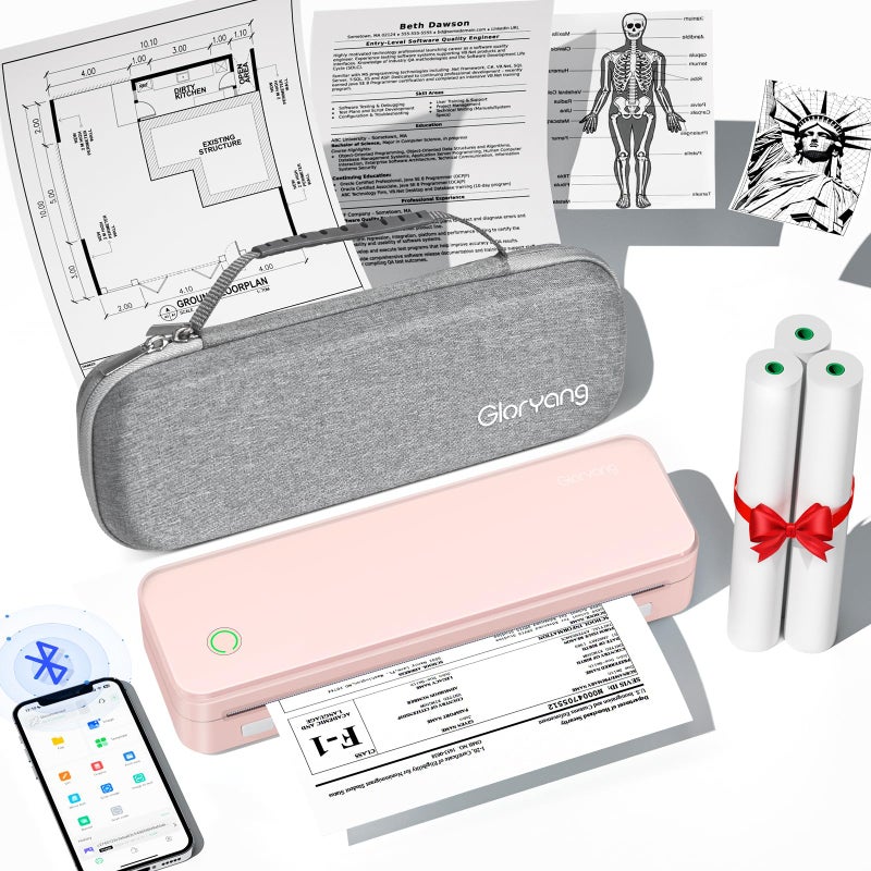 Gloryang Inkless Portable Printer for Travel Wireless Thermal Printer Supports 85 x 11 Inch US Letter Size Bluetooth Machine Includes Carry Case and 3 Rolls of Thermal Paper Kit Pink - Image 2