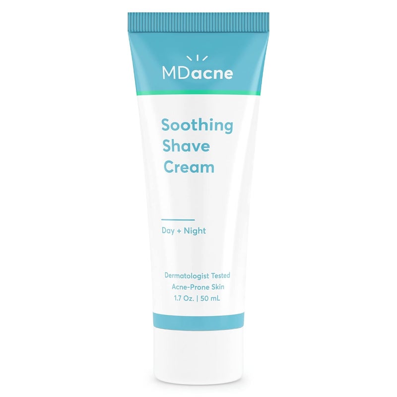كريم حلاقة MDacne للبشرة المعرضة لحب الشباب - مهدئ، خالي من الزيوت، يقضي على حروق الحلاقة، الجروح والعدوى - يقلل من تهيج البشرة ويمنع ظهور نتوءات الحلاقة والجروح - نباتي، خالي من البارابين وخالي من القسوة