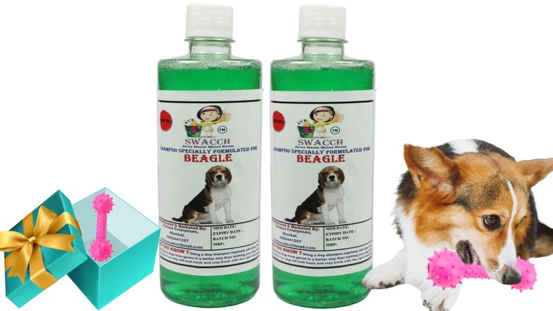 swacch Beagle Dog Shampoo + Dumbbell Toy I Durable Rubber Dog Toy for Chewing I Playing,Teeth Cleaning & Training Toy I Combo Pack I 500ml Pack of 2 Neem Alovera - Image 1