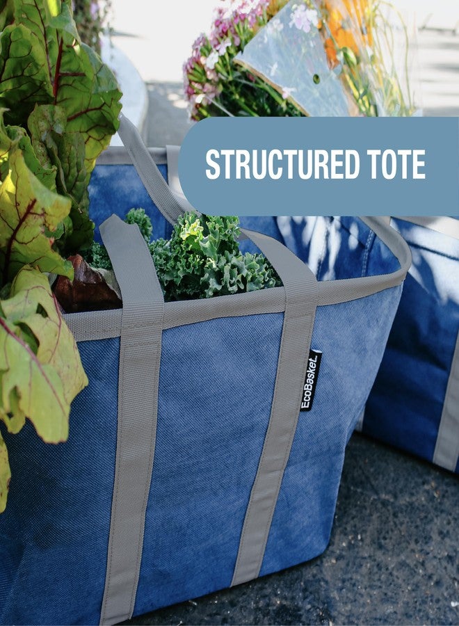 CleverMade Pack of 3, EcoBasket Reusable Grocery Tote-30L-Pack of 3-Blue Grey-Collapsible Storage Shopping Organizer-Heavy Duty Utility Bag Home - Image 4