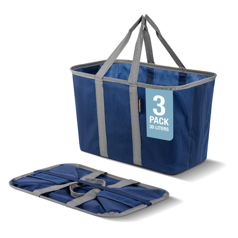 CleverMade Pack of 3, EcoBasket Reusable Grocery Tote-30L-Pack of 3-Blue Grey-Collapsible Storage Shopping Organizer-Heavy Duty Utility Bag Home - Image 1