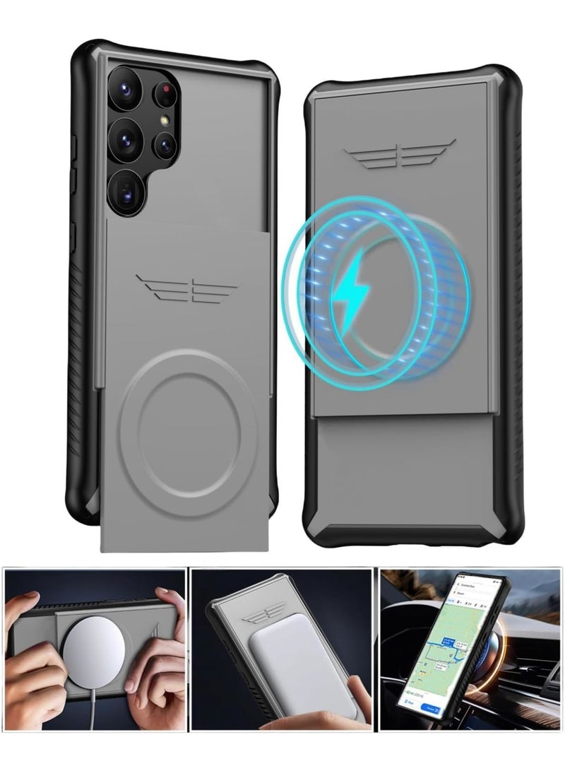 SOLARAE حافظة لهاتف سامسونج جالاكسي S24Ultra، تدعم ماغسيف والشحن اللاسلكي، حافظة لهاتف سامسونج جالاكسي S24Ultra، امتصاص مغناطيسي ونافذة منزلقة لحماية عدسة S24Ultra (رمادي) - Image 1