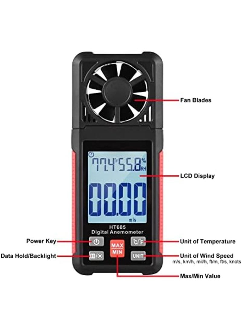 Luckam Handheld Anemometer, Digital Wind Gauges Wind Speed Meter Measures Wind Speed, Temperature, Humidity with Large Backlit LCD Display, MAX/MIN, Data Hold for Shooting Windsurfing Fishing Hunting HT605 - Image 3