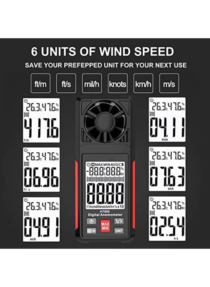 Luckam Handheld Anemometer, Digital Wind Gauges Wind Speed Meter Measures Wind Speed, Temperature, Humidity with Large Backlit LCD Display, MAX/MIN, Data Hold for Shooting Windsurfing Fishing Hunting HT605 - Image 2