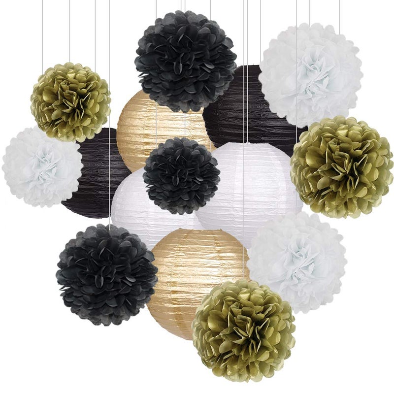 zilue Black Gold Party Decorations Black Gold Paper Lanterns and Pom Poms Flowers for Birthday Graduation Masquerade New Years Party Decor 15 Pieces