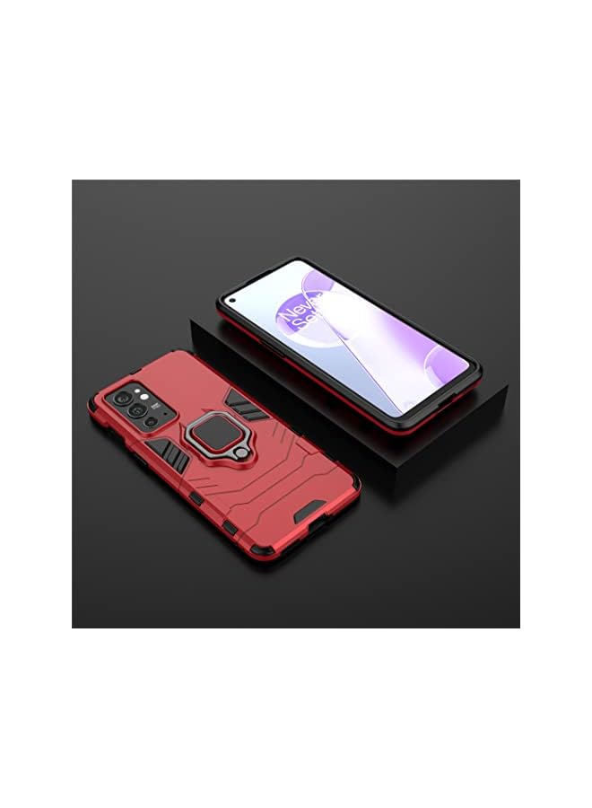 مايجين متوافق مع حافظة Oneplus 9Rt 5G بمقبض حلقي معدني ومسند ممتص للصدمات صلب يعمل مع حامل مغناطيسي للسيارة وغطاء متين بطبقة مزدوجة باللون الأحمر - Image 5