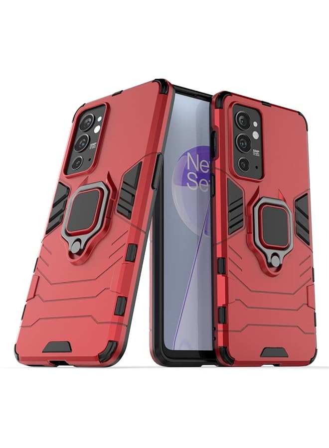 مايجين متوافق مع حافظة Oneplus 9Rt 5G بمقبض حلقي معدني ومسند ممتص للصدمات صلب يعمل مع حامل مغناطيسي للسيارة وغطاء متين بطبقة مزدوجة باللون الأحمر - Image 1