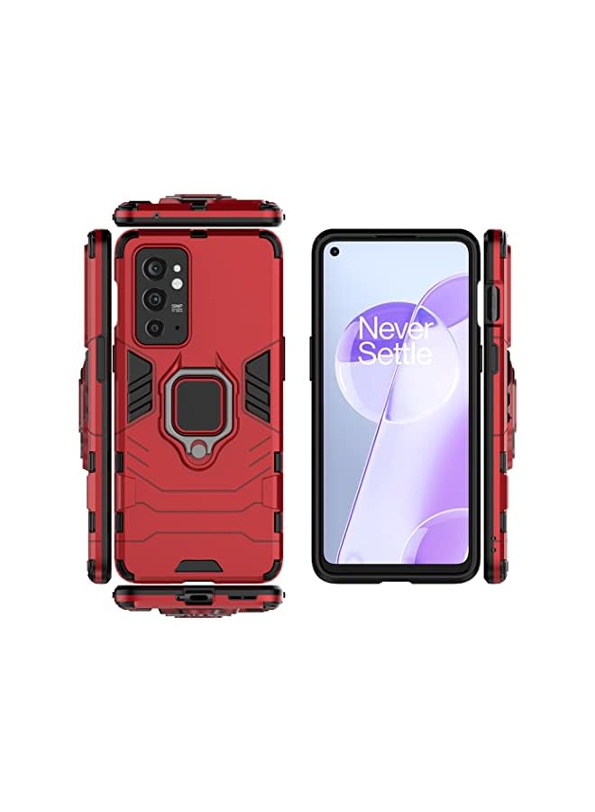 مايجين متوافق مع حافظة Oneplus 9Rt 5G بمقبض حلقي معدني ومسند ممتص للصدمات صلب يعمل مع حامل مغناطيسي للسيارة وغطاء متين بطبقة مزدوجة باللون الأحمر - Image 3