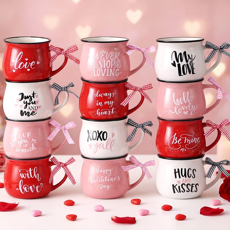 Willinglong 12 Pieces Valentine's Day Mugs 12 oz Coffee Ceramic Mug with Ribbon Colorful Love Words Coffee Cup Tiered Tray Decor for Anniversary Wedding Table Centerpieces - Image 1