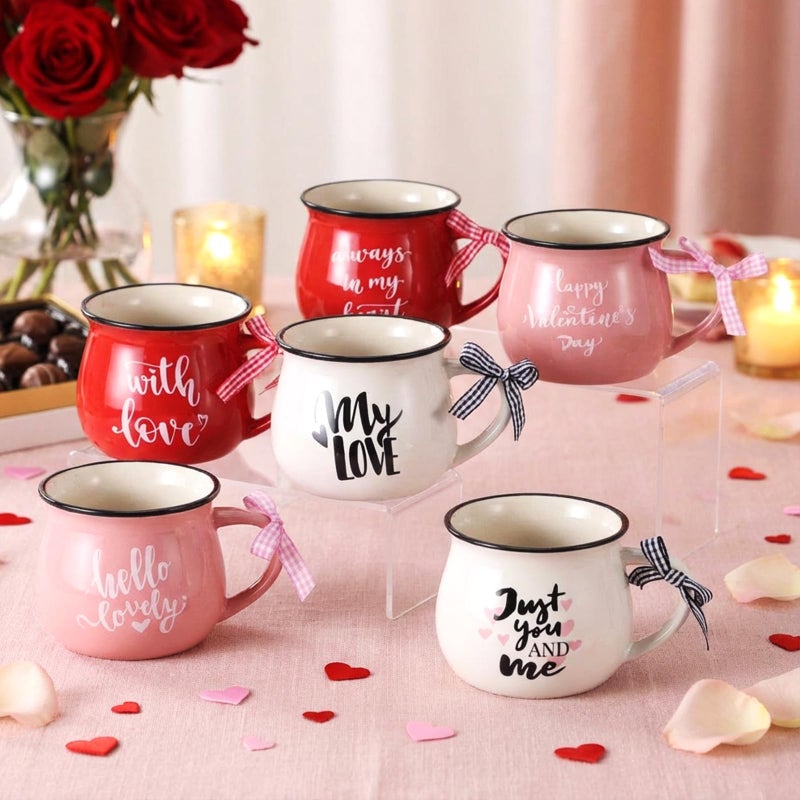 Willinglong 12 Pieces Valentine's Day Mugs 12 oz Coffee Ceramic Mug with Ribbon Colorful Love Words Coffee Cup Tiered Tray Decor for Anniversary Wedding Table Centerpieces - Image 4