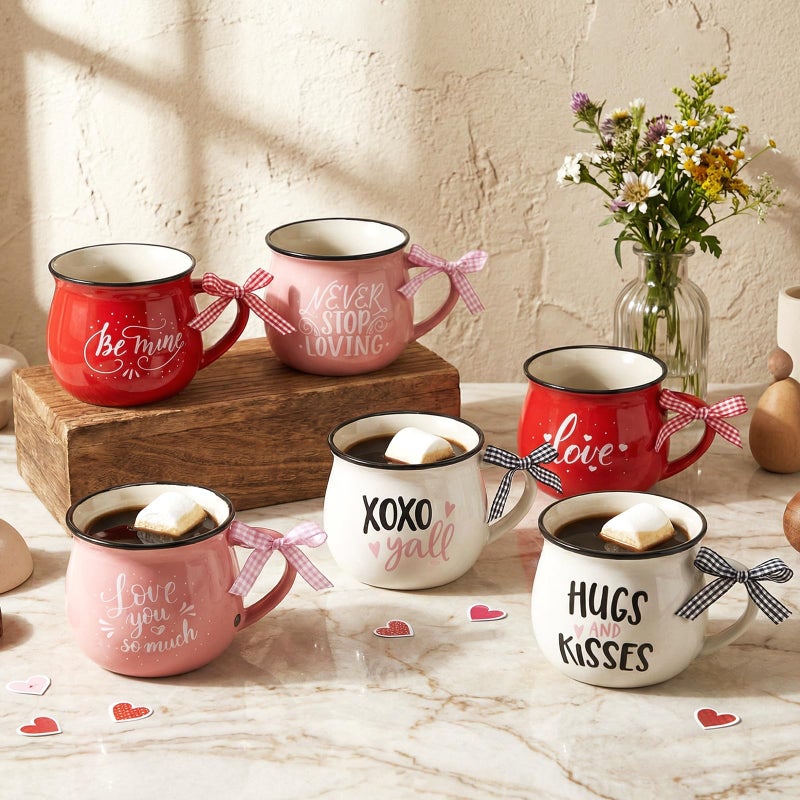 Willinglong 12 Pieces Valentine's Day Mugs 12 oz Coffee Ceramic Mug with Ribbon Colorful Love Words Coffee Cup Tiered Tray Decor for Anniversary Wedding Table Centerpieces - Image 3