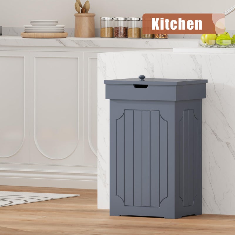 Function Home Trash Can Cabinet, 13 Gallon Kitchen Garbage Can, Wooden Recycling Trash Bin, Freestanding Dog Proof Trash Can, Farmhouse Trash Cabinet with Lid for Home Kitchen Bedroom, Grey - Image 2