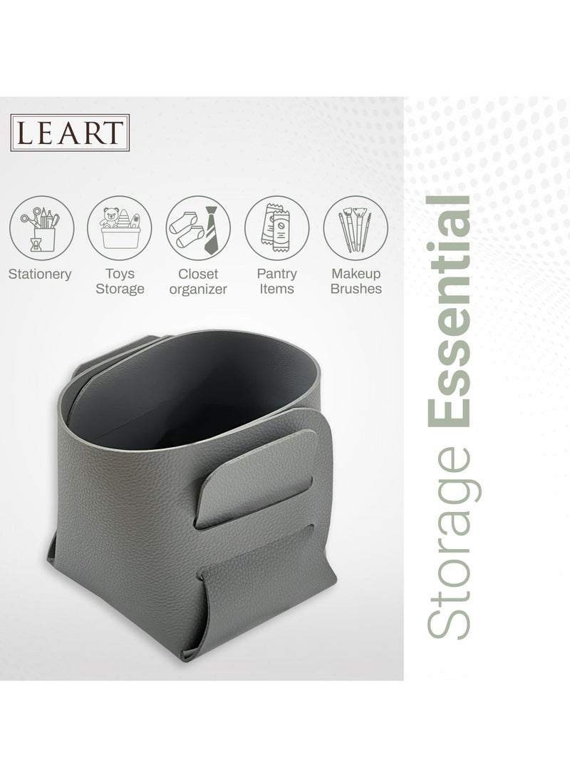 LeArt Leather Storage Basket – Bedside, Nightstand, Office Desk Organizer | Pantry Storage Organizer | Stationery Organizer | Storage Bin for Home (Grey Large) - Image 2