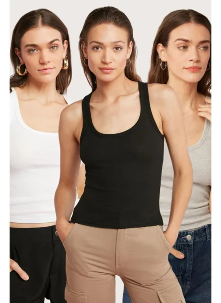 Arma Yıldız 3-Pack White-Black-Grey Women's Corduroy Look Camisole Undershirt Thick Strap Basic