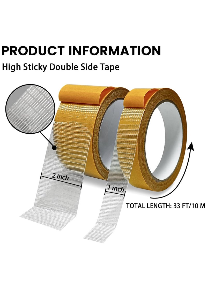 Double Sided Fabric Tape Heavy Duty, Double Stick Carpet Tape, Fabric Tape Multifunctional Double-Sided 1inch/2inchx33FT(10m) High Stickness Strong 2 Sided Tape 2 Rolls