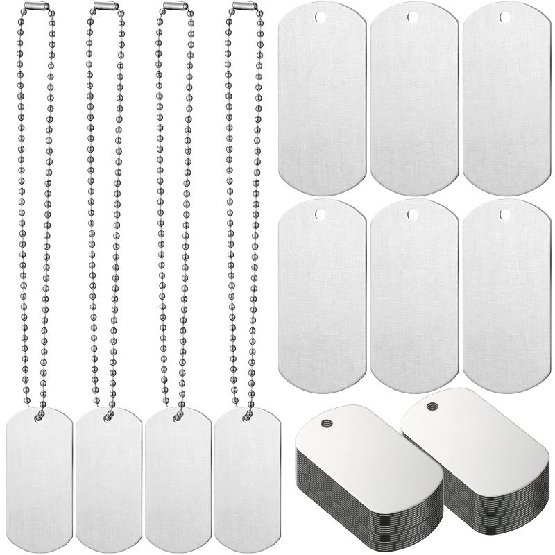 WILLBOND 30 Pieces Military Army Dog Tags Metal Blanks Tags Stamping Sublimation 2 x 1 Inch with Hole 11.8 Inch Chain for Stamping Engraving DIY Craft Army Themed Birthday Parties - Image 1